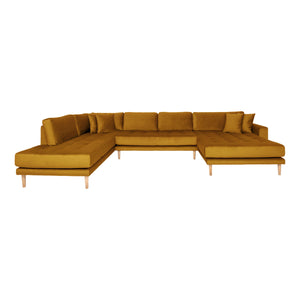 LIDO U-SOFA Open End-U-SOFA Open End End, direita em veludo amarelo mostarda com quatro travesseiros com pernas de madeira da natureza, HN1004