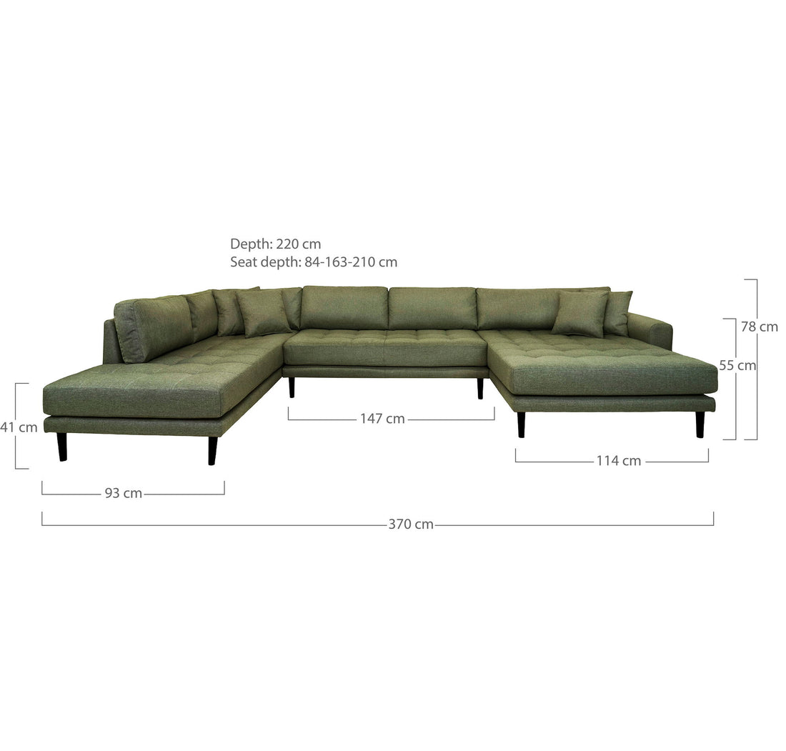 LIDO U-SOFA Open End-U-Sofa Open, de direita em verde azeitona com quatro travesseiros e pernas de madeira preta, HN1020