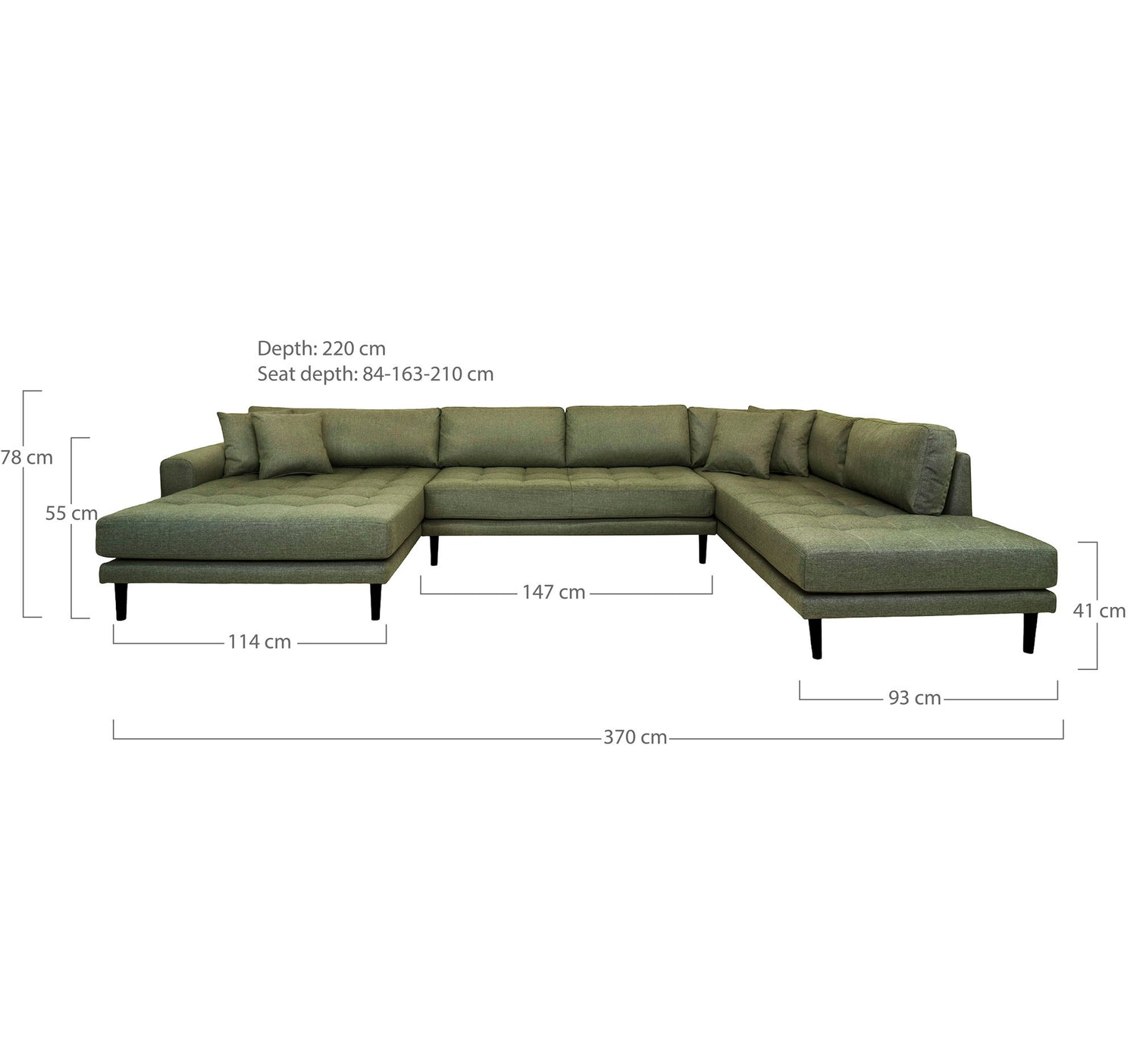 LIDO U-SOFA Open End-U-Sofa Open, de esquerda em verde azeitona com quatro travesseiros e pernas de madeira preta, HN1020