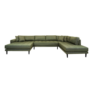 LIDO U-SOFA Open End-U-Sofa Open, de esquerda em verde azeitona com quatro travesseiros e pernas de madeira preta, HN1020