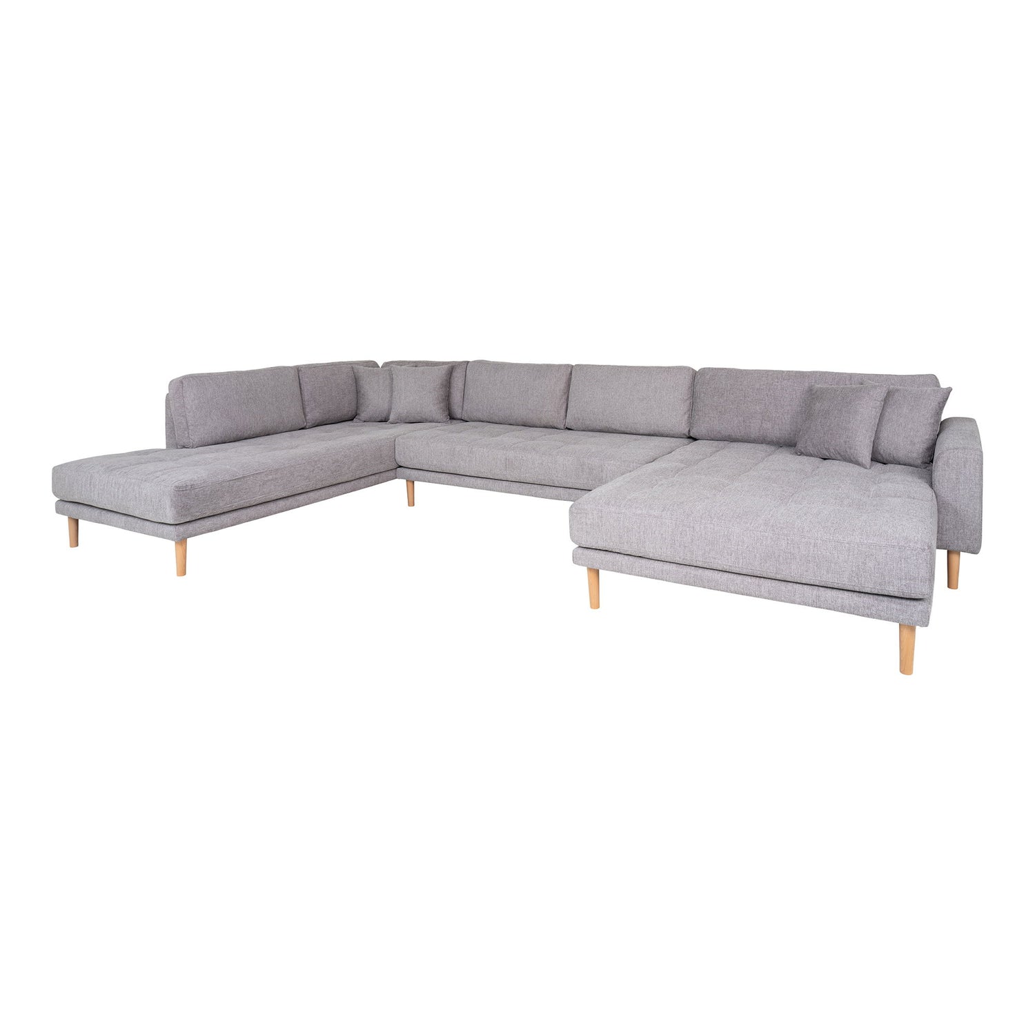 LIDO U-SOFA Open End-U-SOFA Open End, de direita em cinza claro com quatro travesseiros e pernas de madeira da natureza, HN1040