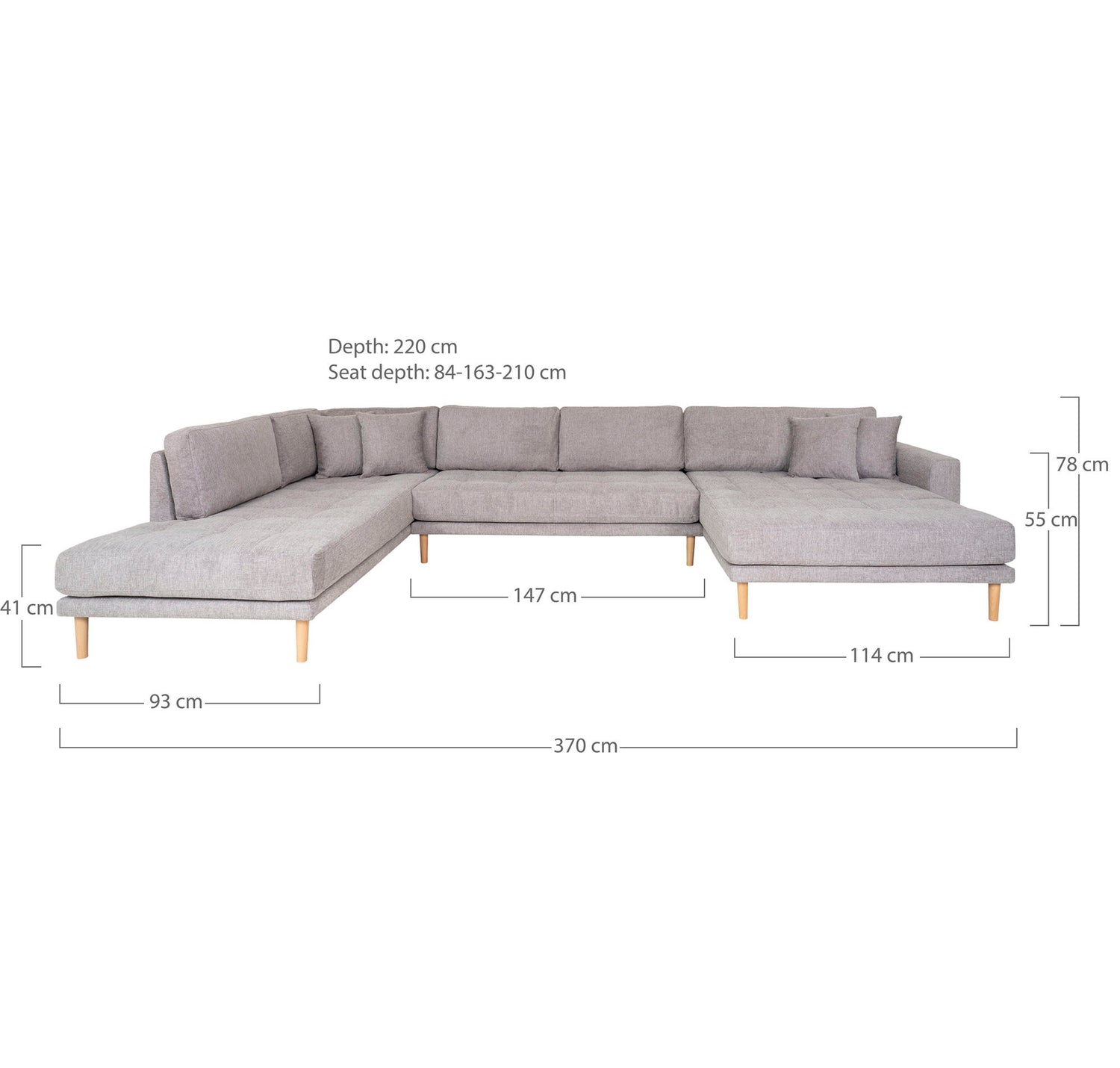 LIDO U-SOFA Open End-U-SOFA Open End, de direita em cinza claro com quatro travesseiros e pernas de madeira da natureza, HN1040