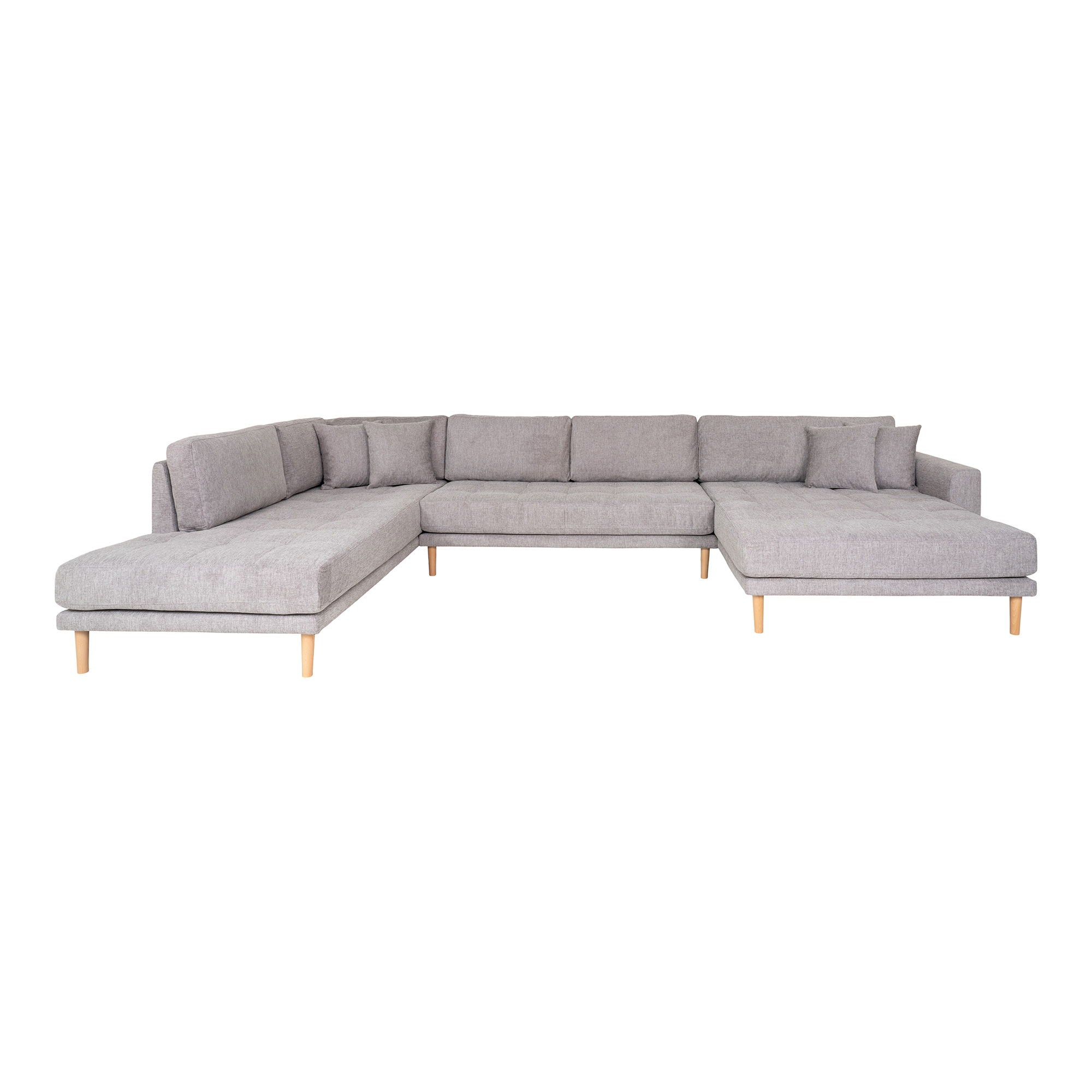 LIDO U-SOFA Open End-U-SOFA Open End, de direita em cinza claro com quatro travesseiros e pernas de madeira da natureza, HN1040