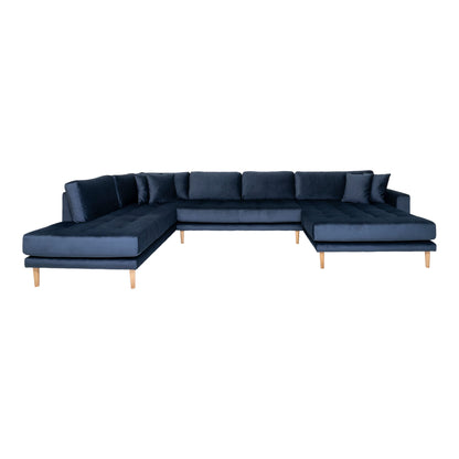 LIDO U-SOFA Open End-U-Sofa Open, de direita, de direita em veludo azul escuro com quatro travesseiros e pernas de madeira da natureza, HN1005