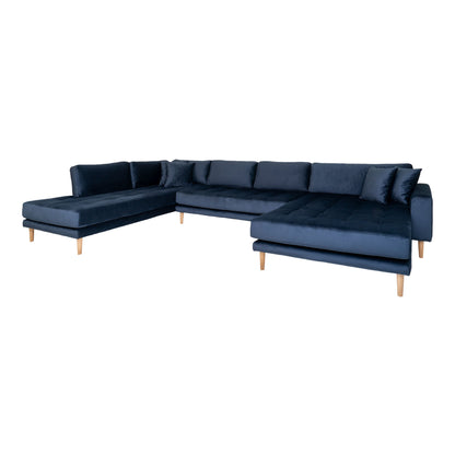 LIDO U-SOFA Open End-U-Sofa Open, de direita, de direita em veludo azul escuro com quatro travesseiros e pernas de madeira da natureza, HN1005