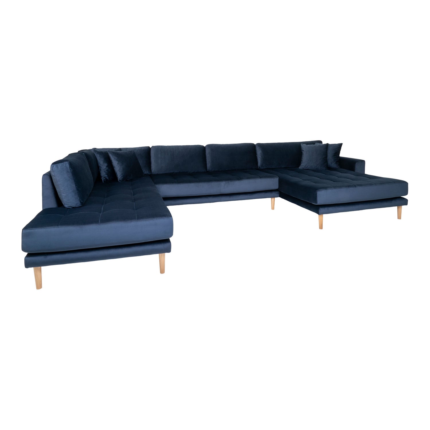 LIDO U-SOFA Open End-U-Sofa Open, de direita, de direita em veludo azul escuro com quatro travesseiros e pernas de madeira da natureza, HN1005