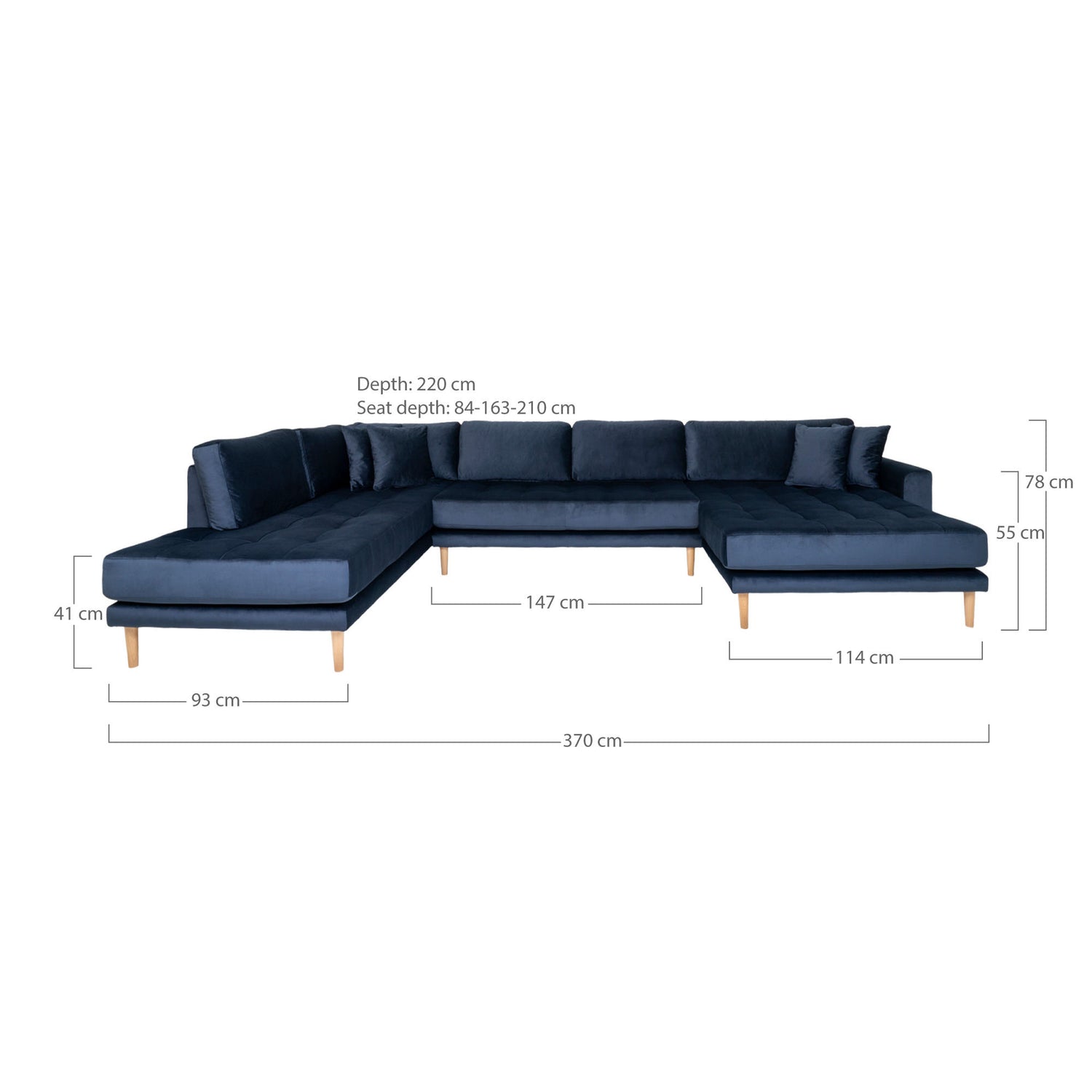 LIDO U-SOFA Open End-U-Sofa Open, de direita, de direita em veludo azul escuro com quatro travesseiros e pernas de madeira da natureza, HN1005