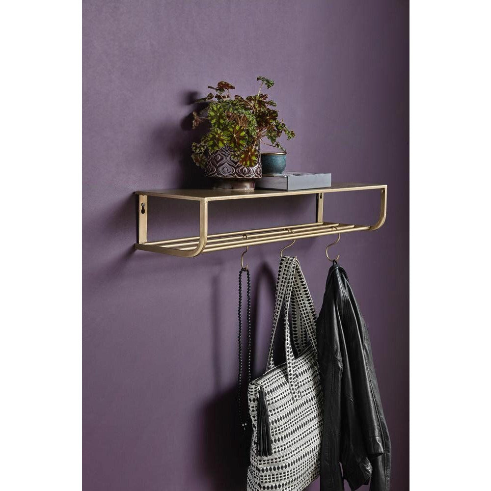 Prateleira Nordal em metal com 5 ganchos em S - L120 cm - acabamento dourado